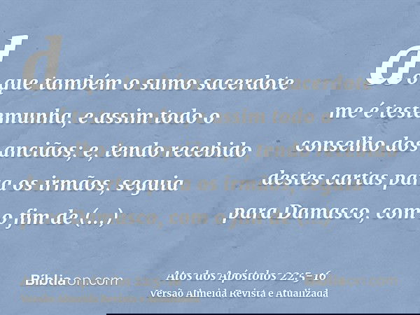 do que também o sumo sacerdote me é testemunha, e assim todo o conselho dos anciãos; e, tendo recebido destes cartas para os irmãos, seguia para Damasco, com o