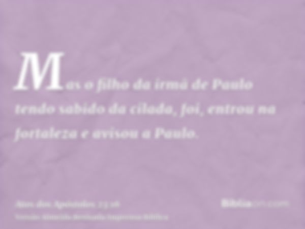 Mas o filho da irmã de Paulo tendo sabido da cilada, foi, entrou na fortaleza e avisou a Paulo.