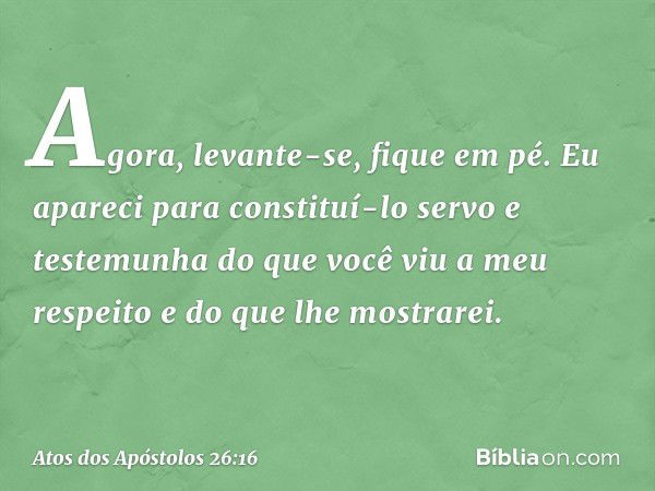 Agora, levante-se, fique em pé. Eu apareci para constituí-lo servo e testemunha do que você viu a meu respeito e do que lhe mostrarei. -- Atos dos Apóstolos 26: