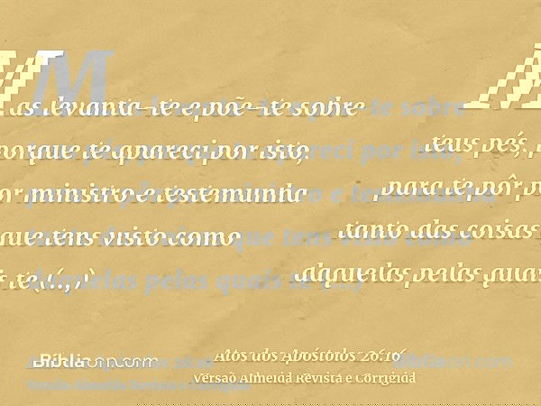 Mas levanta-te e põe-te sobre teus pés, porque te apareci por isto, para te pôr por ministro e testemunha tanto das coisas que tens visto como daquelas pelas qu