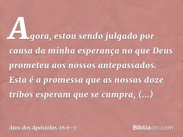 Agora, estou sendo julgado por causa da minha esperança no que Deus prometeu aos nossos antepassados. Esta é a promessa que as nossas doze tribos esperam que se