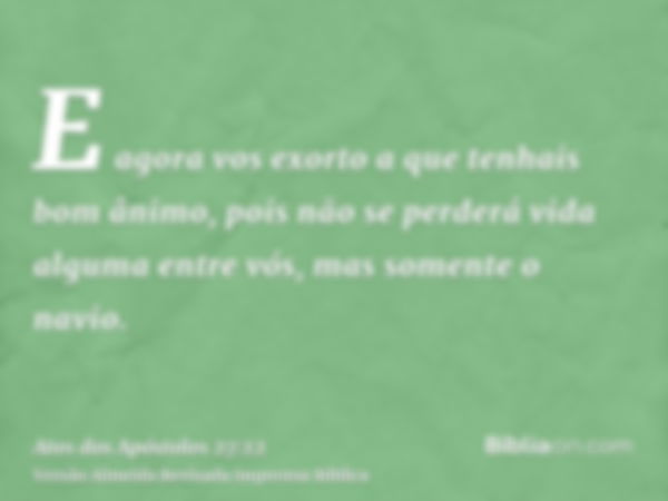 E agora vos exorto a que tenhais bom ânimo, pois não se perderá vida alguma entre vós, mas somente o navio.