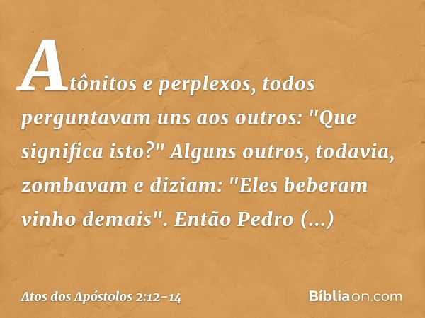 Atônitos e perplexos, todos perguntavam uns aos outros: "Que significa isto?" Alguns outros, todavia, zombavam e diziam: "Eles beberam vinho demais". Então Pedr