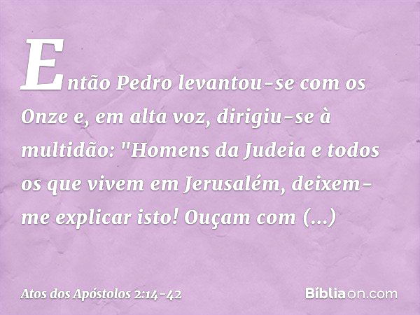 Então Pedro levantou-se com os Onze e, em alta voz, dirigiu-se à multidão: "Homens da Judeia e todos os que vivem em Jerusalém, deixem-me explicar isto! Ouçam c