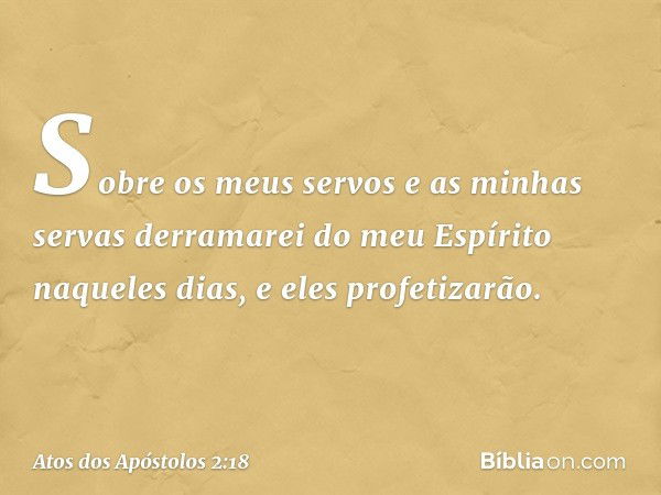 Sobre os meus servos
e as minhas servas
derramarei do meu Espírito naqueles dias,
e eles profetizarão. -- Atos dos Apóstolos 2:18