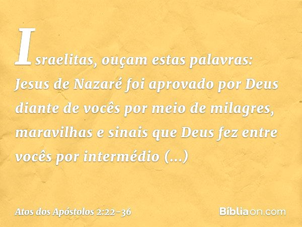 "Israelitas, ouçam estas palavras: Jesus de Nazaré foi aprovado por Deus diante de vocês por meio de milagres, maravilhas e sinais que Deus fez entre vocês por 