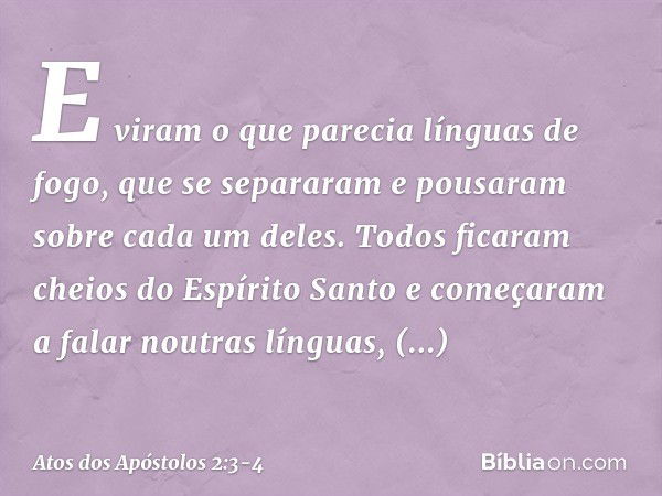 E viram o que parecia línguas de fogo, que se separaram e pousaram sobre cada um deles. Todos ficaram cheios do Espírito Santo e começaram a falar noutras língu