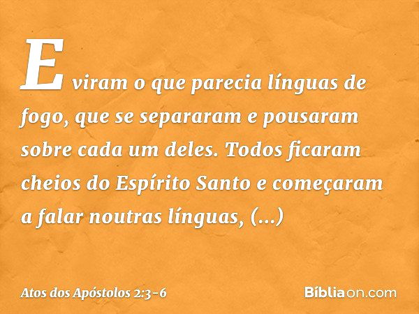 E viram o que parecia línguas de fogo, que se separaram e pousaram sobre cada um deles. Todos ficaram cheios do Espírito Santo e começaram a falar noutras língu