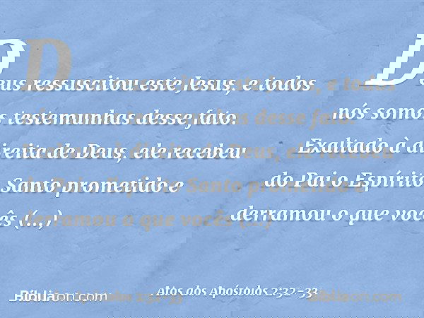 Deus ressuscitou este Jesus, e todos nós somos testemunhas desse fato. Exaltado à direita de Deus, ele recebeu do Pai o Espírito Santo prometido e derramou o qu