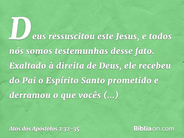 Deus ressuscitou este Jesus, e todos nós somos testemunhas desse fato. Exaltado à direita de Deus, ele recebeu do Pai o Espírito Santo prometido e derramou o qu