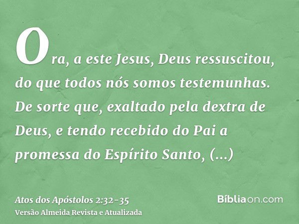 Ora, a este Jesus, Deus ressuscitou, do que todos nós somos testemunhas.De sorte que, exaltado pela dextra de Deus, e tendo recebido do Pai a promessa do Espíri