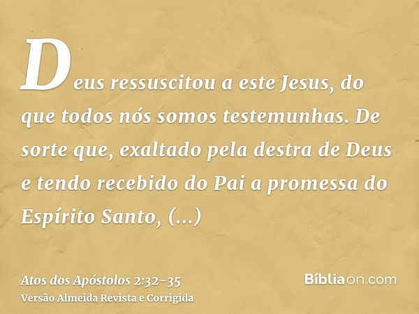 Deus ressuscitou a este Jesus, do que todos nós somos testemunhas.De sorte que, exaltado pela destra de Deus e tendo recebido do Pai a promessa do Espírito Sant