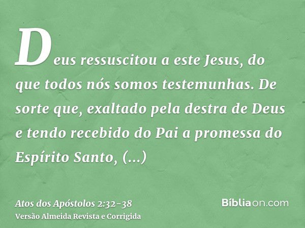 Deus ressuscitou a este Jesus, do que todos nós somos testemunhas.De sorte que, exaltado pela destra de Deus e tendo recebido do Pai a promessa do Espírito Sant