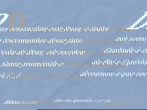 Deus ressuscitou este Jesus, e todos nós somos testemunhas desse fato. Exaltado à direita de Deus, ele recebeu do Pai o Espírito Santo prometido e derramou o qu
