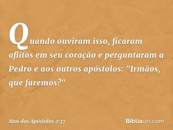 Quando ouviram isso, ficaram aflitos em seu coração e perguntaram a Pedro e aos outros apóstolos: "Irmãos, que faremos?" -- Atos dos Apóstolos 2:37