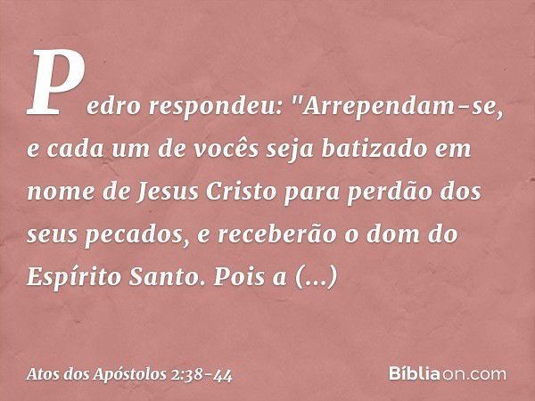 Pedro respondeu: "Arrependam-se, e cada um de vocês seja batizado em nome de Jesus Cristo para perdão dos seus pecados, e receberão o dom do Espírito Santo. Poi