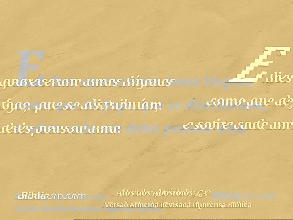 E lhes apareceram umas línguas como que de fogo, que se distribuíam, e sobre cada um deles pousou uma.