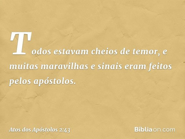 Todos estavam cheios de temor, e muitas maravilhas e sinais eram feitos pelos apóstolos. -- Atos dos Apóstolos 2:43