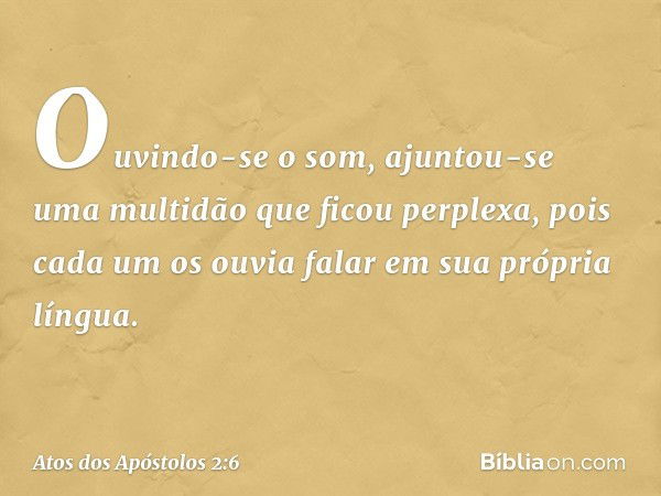 Ouvindo-se o som, ajuntou-se uma multidão que ficou perplexa, pois cada um os ouvia falar em sua própria língua. -- Atos dos Apóstolos 2:6