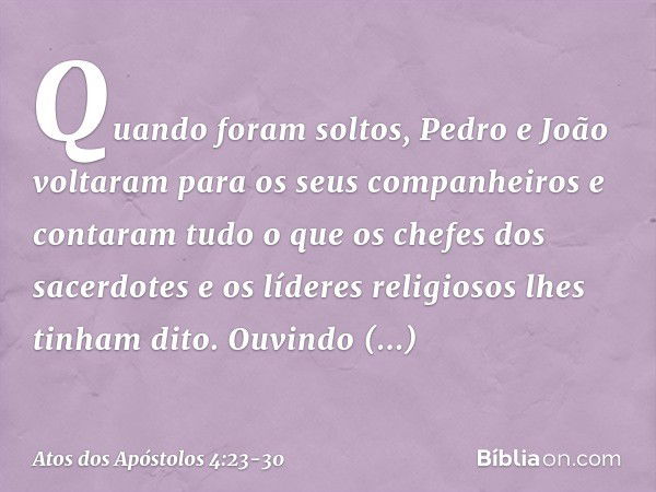 Quando foram soltos, Pedro e João voltaram para os seus companheiros e contaram tudo o que os chefes dos sacerdotes e os líderes religiosos lhes tinham dito. Ou