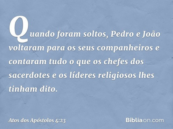 Quando foram soltos, Pedro e João voltaram para os seus companheiros e contaram tudo o que os chefes dos sacerdotes e os líderes religiosos lhes tinham dito. --