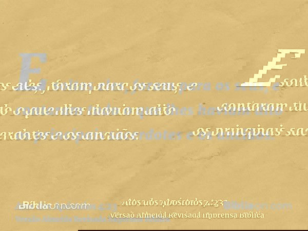 E soltos eles, foram para os seus, e contaram tudo o que lhes haviam dito os principais sacerdotes e os anciãos.