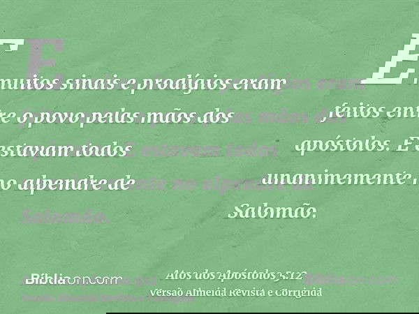 E muitos sinais e prodígios eram feitos entre o povo pelas mãos dos apóstolos. E estavam todos unanimemente no alpendre de Salomão.