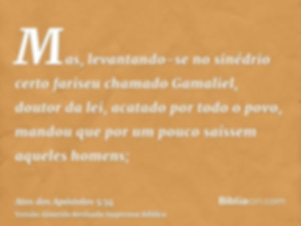 Mas, levantando-se no sinédrio certo fariseu chamado Gamaliel, doutor da lei, acatado por todo o povo, mandou que por um pouco saíssem aqueles homens;