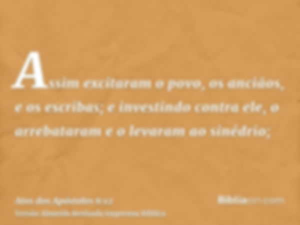 Assim excitaram o povo, os anciãos, e os escribas; e investindo contra ele, o arrebataram e o levaram ao sinédrio;