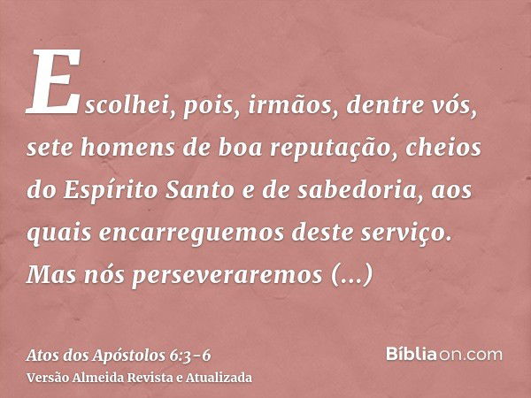 Escolhei, pois, irmãos, dentre vós, sete homens de boa reputação, cheios do Espírito Santo e de sabedoria, aos quais encarreguemos deste serviço.Mas nós perseve