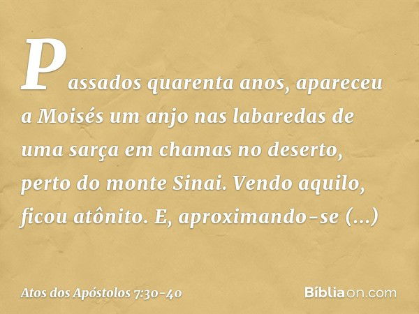 "Passados quarenta anos, apareceu a Moisés um anjo nas labaredas de uma sarça em chamas no deserto, perto do monte Sinai. Vendo aquilo, ficou atônito. E, aproxi