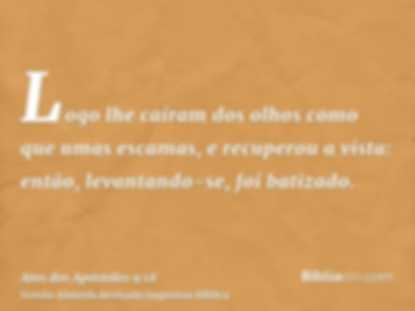 Logo lhe caíram dos olhos como que umas escamas, e recuperou a vista: então, levantando-se, foi batizado.