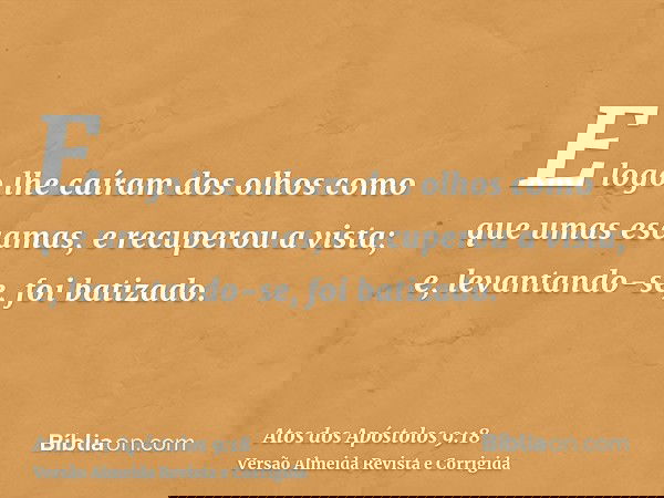 E logo lhe caíram dos olhos como que umas escamas, e recuperou a vista; e, levantando-se, foi batizado.