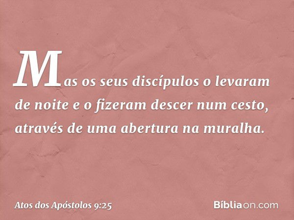 Mas os seus discípulos o levaram de noite e o fizeram descer num cesto, através de uma abertura na muralha. -- Atos dos Apóstolos 9:25