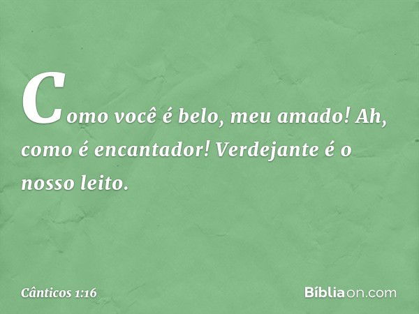 Como você é belo, meu amado!
Ah, como é encantador!
Verdejante é o nosso leito. -- Cânticos 1:16