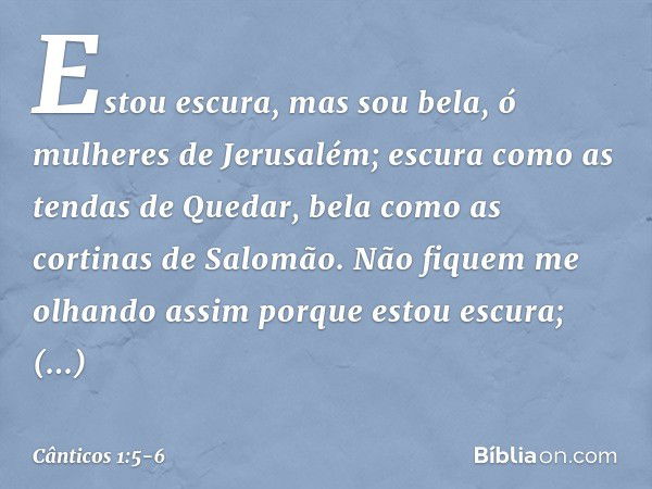 Estou escura, mas sou bela,
ó mulheres de Jerusalém;
escura como as tendas de Quedar,
bela como as cortinas de Salomão. Não fiquem me olhando assim
porque estou