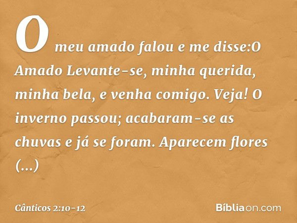 O meu amado falou e me disse:O Amado
Levante-se, minha querida,
minha bela, e venha comigo. Veja! O inverno passou;
acabaram-se as chuvas e já se foram. Aparece