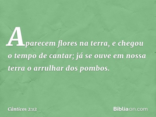 Aparecem flores na terra,
e chegou o tempo de cantar;
já se ouve em nossa terra
o arrulhar dos pombos. -- Cânticos 2:12