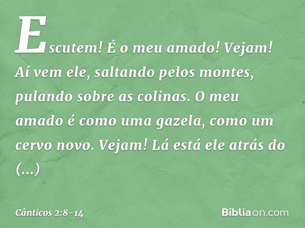 Escutem! É o meu amado!
Vejam! Aí vem ele,
saltando pelos montes,
pulando sobre as colinas. O meu amado é como uma gazela,
como um cervo novo.
Vejam! Lá está el