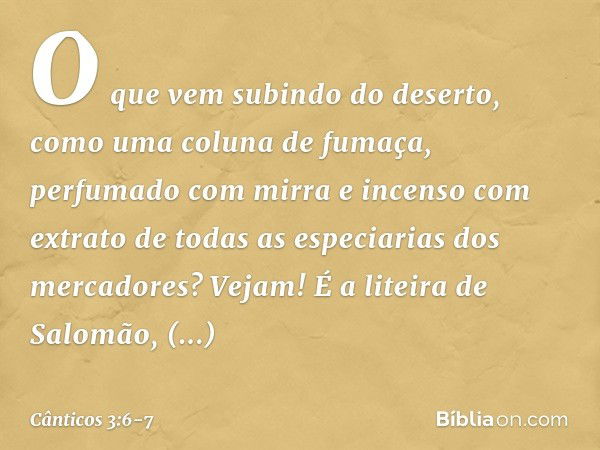 O que vem subindo do deserto,
como uma coluna de fumaça,
perfumado com mirra e incenso
com extrato de todas as especiarias
dos mercadores? Vejam! É a liteira de