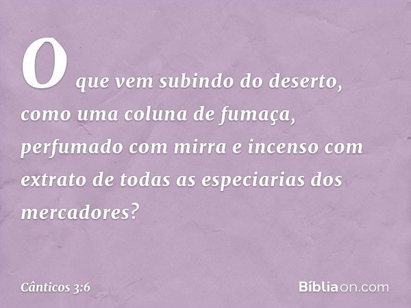 O que vem subindo do deserto,
como uma coluna de fumaça,
perfumado com mirra e incenso
com extrato de todas as especiarias
dos mercadores? -- Cânticos 3:6