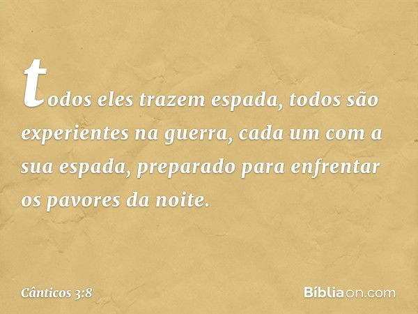 todos eles trazem espada,
todos são experientes na guerra,
cada um com a sua espada,
preparado para enfrentar
os pavores da noite. -- Cânticos 3:8