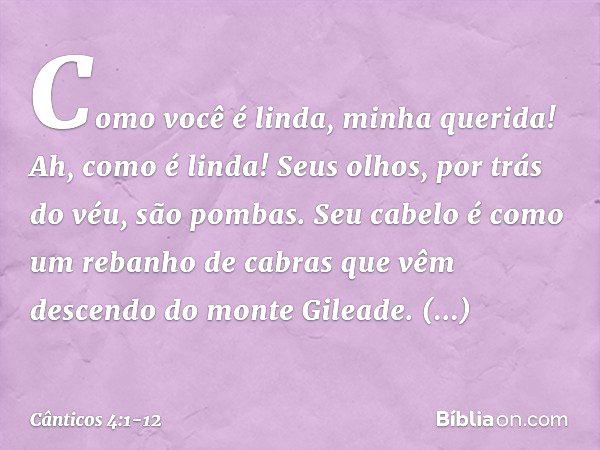 Como você é linda, minha querida!
Ah, como é linda!
Seus olhos, por trás do véu, são pombas.
Seu cabelo é como um rebanho de cabras
que vêm descendo do monte Gi