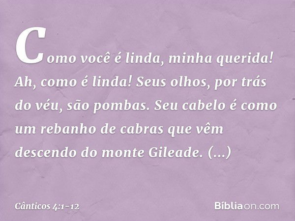 Como você é linda, minha querida!
Ah, como é linda!
Seus olhos, por trás do véu, são pombas.
Seu cabelo é como um rebanho de cabras
que vêm descendo do monte Gi