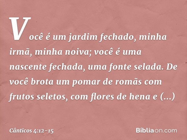 Você é um jardim fechado,
minha irmã, minha noiva;
você é uma nascente fechada,
uma fonte selada. De você brota um pomar de romãs
com frutos seletos,
com flores