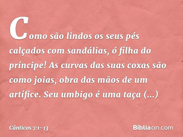 Como são lindos
os seus pés calçados com sandálias,
ó filha do príncipe!
As curvas das suas coxas são como joias,
obra das mãos de um artífice. Seu umbigo é uma