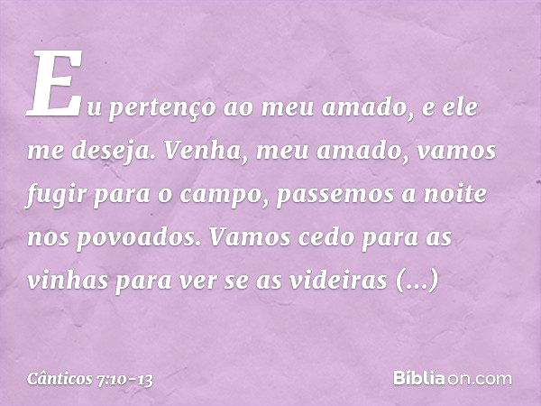 Eu pertenço ao meu amado,
e ele me deseja. Venha, meu amado,
vamos fugir para o campo,
passemos a noite nos povoados. Vamos cedo para as vinhas
para ver se as v