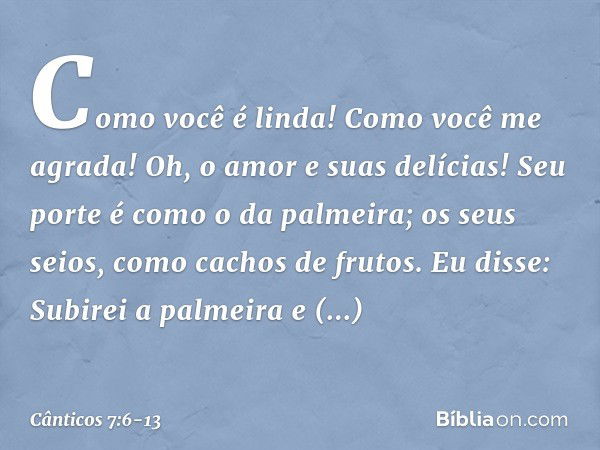 Como você é linda!
Como você me agrada!
Oh, o amor e suas delícias! Seu porte é como o da palmeira;
os seus seios, como cachos de frutos. Eu disse: Subirei a pa