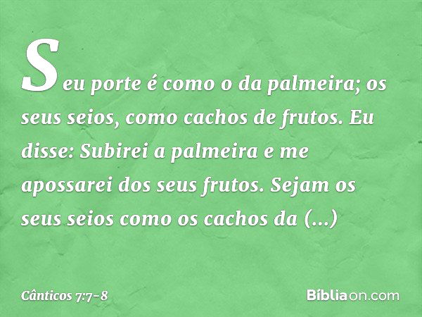 Seu porte é como o da palmeira;
os seus seios, como cachos de frutos. Eu disse: Subirei a palmeira
e me apossarei dos seus frutos.
Sejam os seus seios
como os c