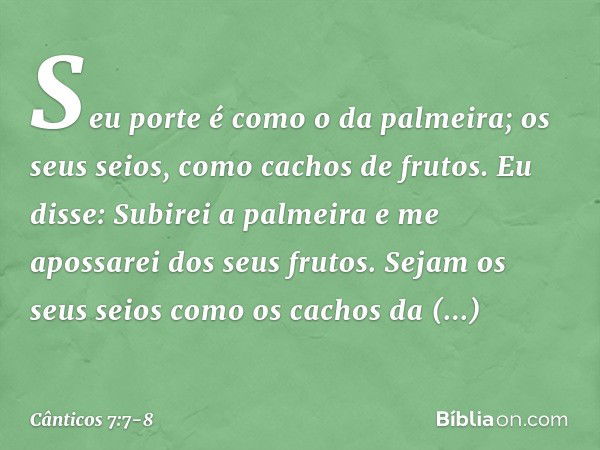 Seu porte é como o da palmeira;
os seus seios, como cachos de frutos. Eu disse: Subirei a palmeira
e me apossarei dos seus frutos.
Sejam os seus seios
como os c